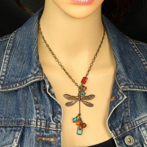 Dragonfly Necklace Crystal Beads Antiqued Gold Tone